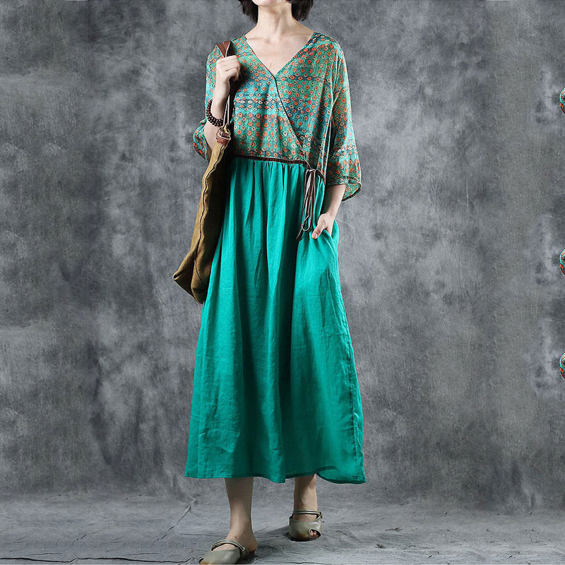 Empire Waist Loose Green Dress V-Neck Floral Wrap Dress in Green One ...