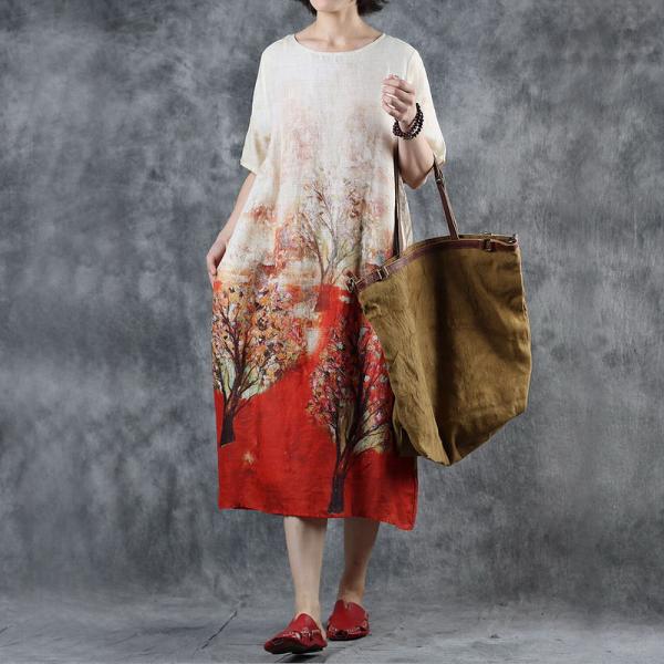 Trees Printed Loose H-Shaped Dress Casual Comfy Red Dress