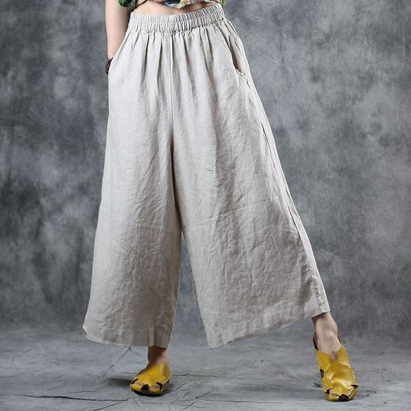 Leisure Style Wide Leg Pants Embroidered Pockets Linen Trousers for Woman