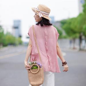 OL Style Shirt Sleeve Linen Shirt Single-Breasted Pink Korean Blouse