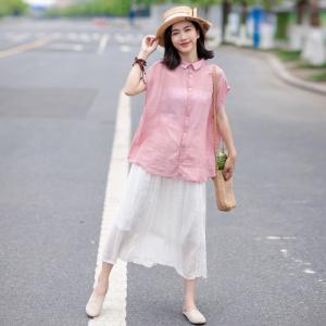 OL Style Shirt Sleeve Linen Shirt Single-Breasted Pink Korean Blouse