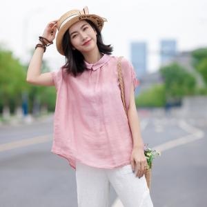 OL Style Shirt Sleeve Linen Shirt Single-Breasted Pink Korean Blouse