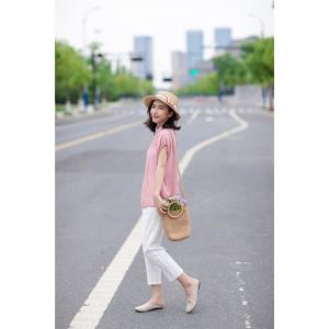 OL Style Shirt Sleeve Linen Shirt Single-Breasted Pink Korean Blouse