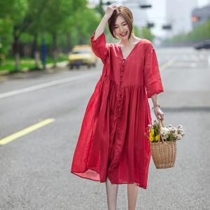 Chinese Vintage Flare Dress Button Decoration Linen A-Line Dress