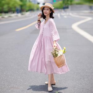 Chinese Vintage Flare Dress Button Decoration Linen A-Line Dress