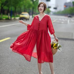 Chinese Vintage Flare Dress Button Decoration Linen A-Line Dress