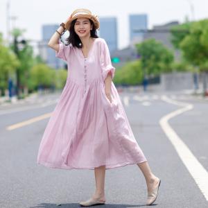 Chinese Vintage Flare Dress Button Decoration Linen A-Line Dress