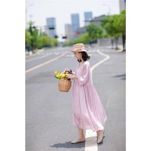 Chinese Vintage Flare Dress Button Decoration Linen A-Line Dress