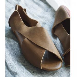 Original Design Cowhide Leather Flats Womans Peep Toe Shoes