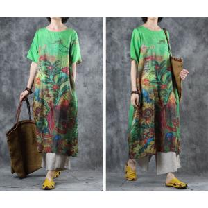 Half Sleeve Sunflowers Printed Dress Comfy Loose Green Shift Dress