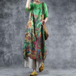 Half Sleeve Sunflowers Printed Dress Comfy Loose Green Shift Dress