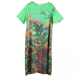 Half Sleeve Sunflowers Printed Dress Comfy Loose Green Shift Dress