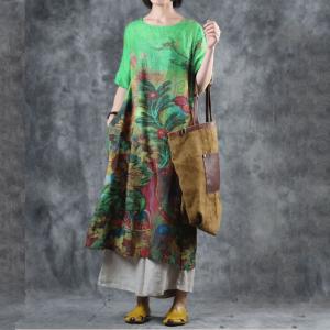 Half Sleeve Sunflowers Printed Dress Comfy Loose Green Shift Dress