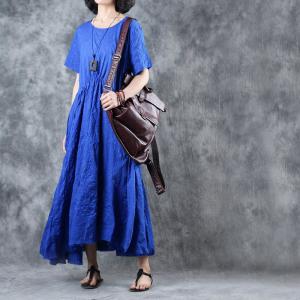 Stereo Pattern Asymmetrical Linen Dress Blue Drawstring Short Sleeve Dress