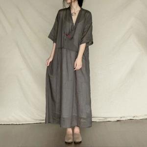 Classical Chinese Sheer Dress V-Neck Half Sleeve Caftan Dress
