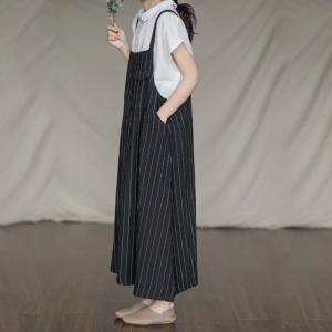 Korean Style Vertical Striped Overall Dress Linen Slip Maxi Dress