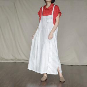 Korean Style Vertical Striped Overall Dress Linen Slip Maxi Dress