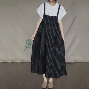 Korean Style Vertical Striped Overall Dress Linen Slip Maxi Dress