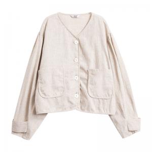 Big Pockets Linen Womans Blazers Unbuttoned Long Sleeve Short Jacket