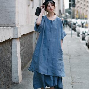 Single-Breasted Plain Short Dress Loose Linen Tunic for Woman