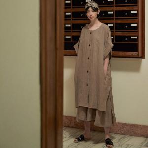 Single-Breasted Plain Short Dress Loose Linen Tunic for Woman