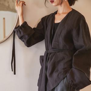 Japanese Style Linen Kimono Blazers Belted Loose Black Jackets for Woman