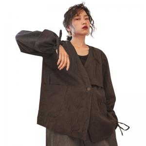 Japanese Style Linen Kimono Blazers Belted Loose Black Jackets for Woman