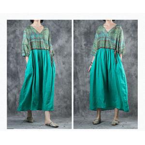 Empire Waist Loose Green Dress V-Neck Floral Wrap Dress