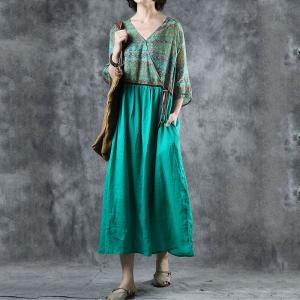 Empire Waist Loose Green Dress V-Neck Floral Wrap Dress