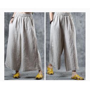 Leisure Style Wide Leg Pants Embroidered Pockets Linen Trousers for Woman