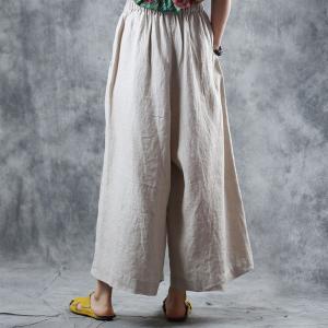 Leisure Style Wide Leg Pants Embroidered Pockets Linen Trousers for Woman