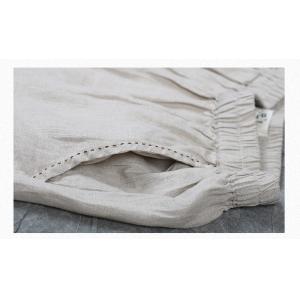 Leisure Style Wide Leg Pants Embroidered Pockets Linen Trousers for Woman
