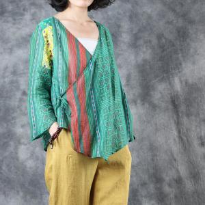 Red Striped V-Neck Green Shirt Tied Loose Folk Blouse for Woman