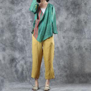 Red Striped V-Neck Green Shirt Tied Loose Folk Blouse for Woman