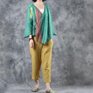 Red Striped V-Neck Green Shirt Tied Loose Folk Blouse for Woman