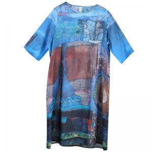 Half Sleeve Loose Blue Tunic Abstract Printed Vintage Short Dress