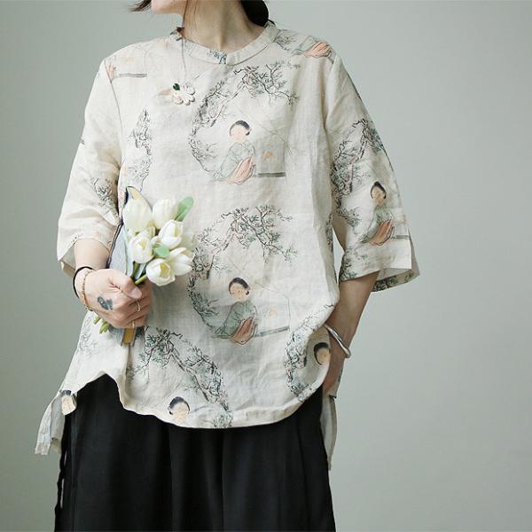 Character Printed Chinese Blouse Vintage Linen Flax Clothing