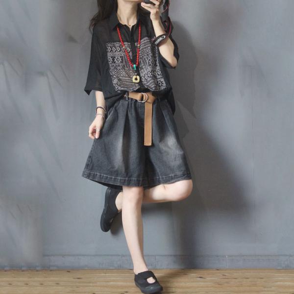 Folk Printed Black Oversized Shirt Transparent Ladies Blouse