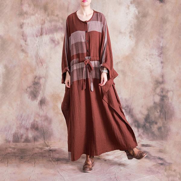 Bat Sleeve Loose Cotton Linen Caftan Checkered Drawstring Dress