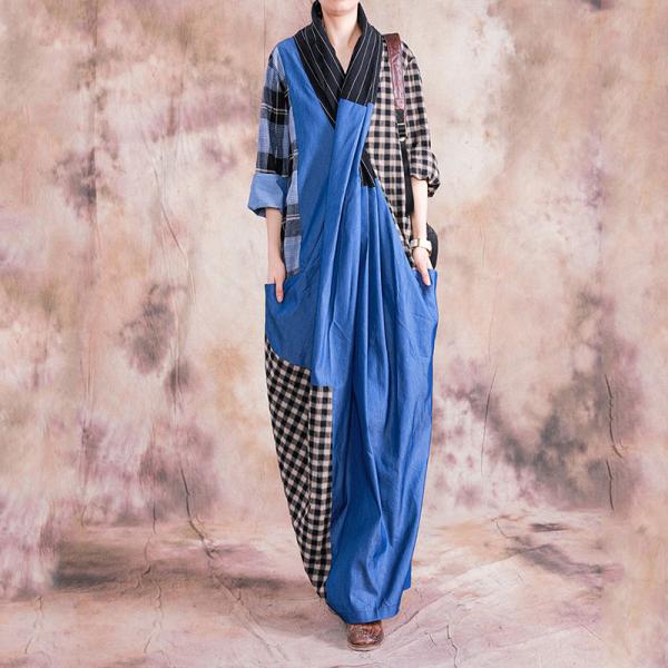 Blue Contrast Checkered Designer Dress Cotton Linen Vintage Wrap Dress