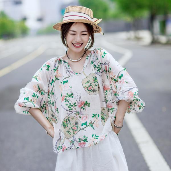 V-Neck Printed Plus Size Blouse Womens Linen Shirt