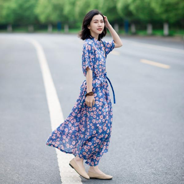 Half Sleeve Loose Pink Floral Dress Linen Shirt Dress with A Belt