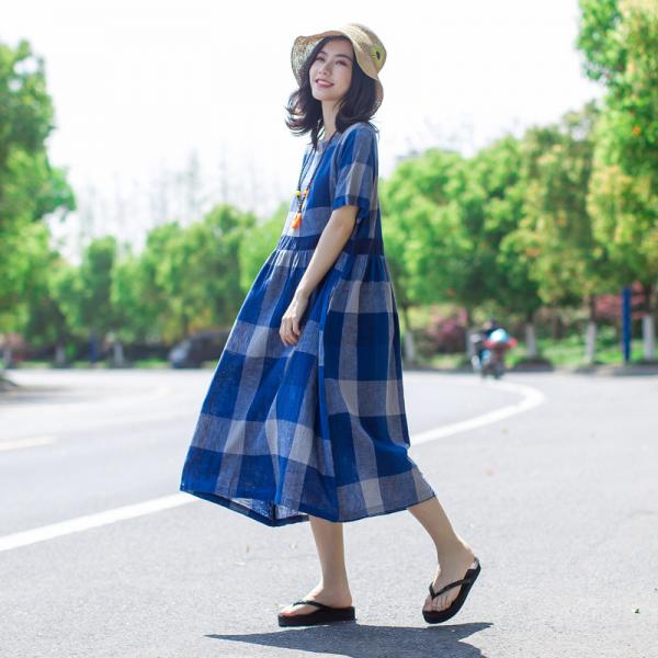 Classical Big Plaid Dress Empire Waist Summer Cotton Linen Dress