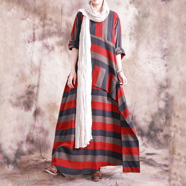 Chunky Stripes Long Sleeve Maxi Skirt Plus Size Layering Linen Frock