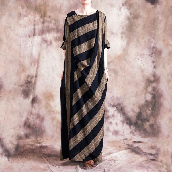 Black Stripes Cotton Linen Maxi Dress Long Sleeve Elegant Caftan