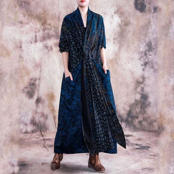 Blue Patterns Empire Waist Designer Dress Long Sleeve Vintage Maxi Dress