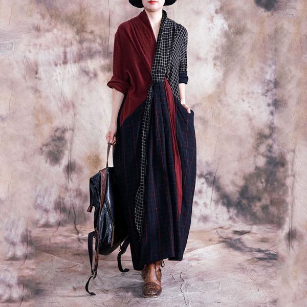 Red Contrast Plaid Maxi Dress Cotton Linen Wrap Kimono Dress