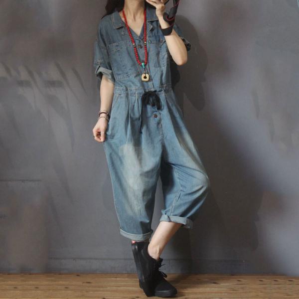 Drawstring Waist Denim Jumpsuits In 90s Loose Korean One Pieces Jeans