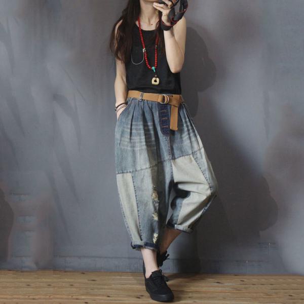 Fashion Blue Contrast Baggy Cropped Jeans Womans 90s Mom Jeans in Denim ...