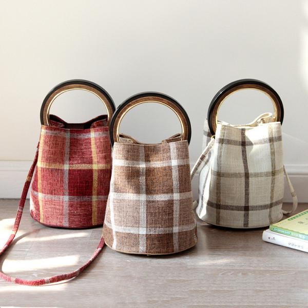 French Style Big Checks Bucket Bag Vintage Cotton Linen Handbag